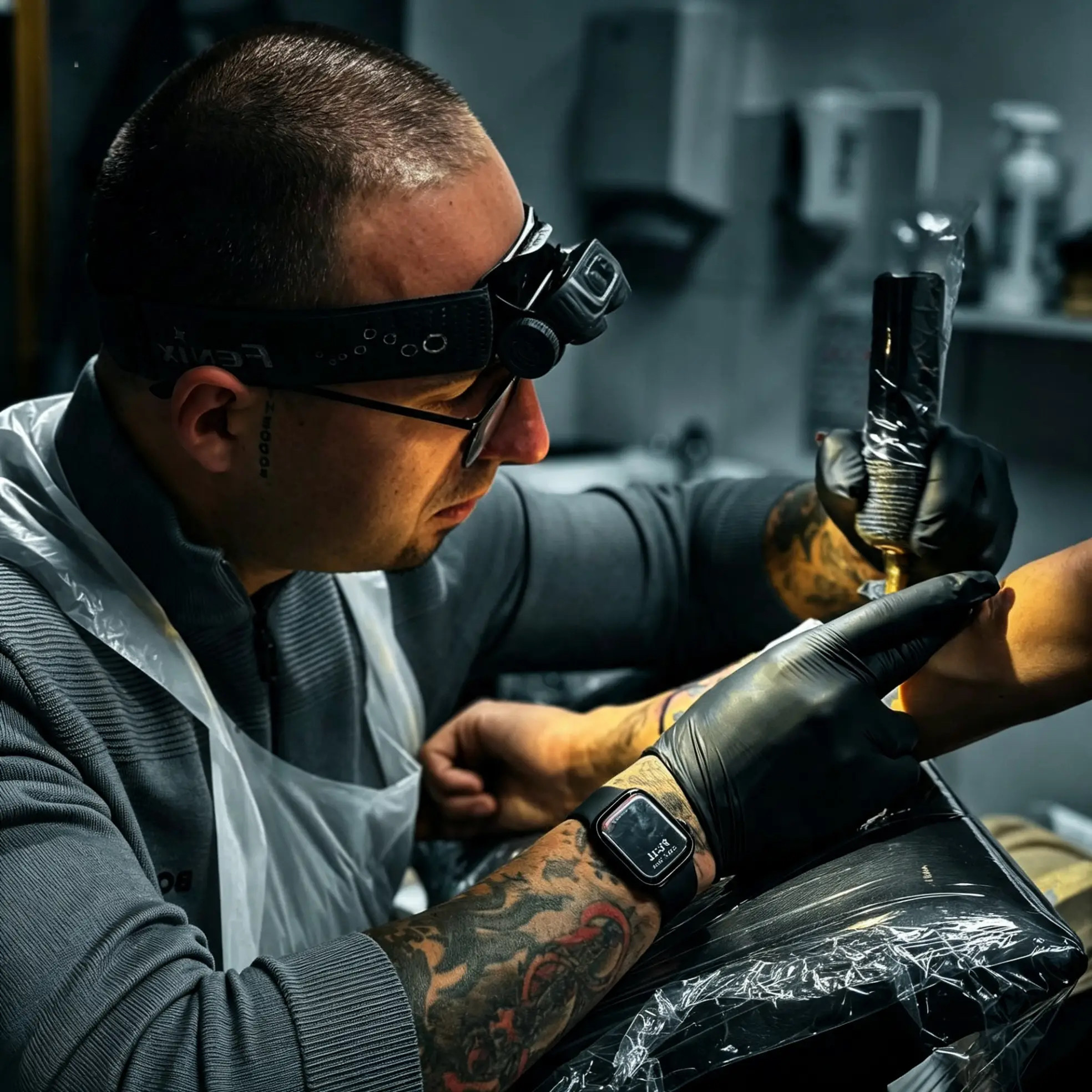 Tesu Ioan lucrând la un tatuaj în studio